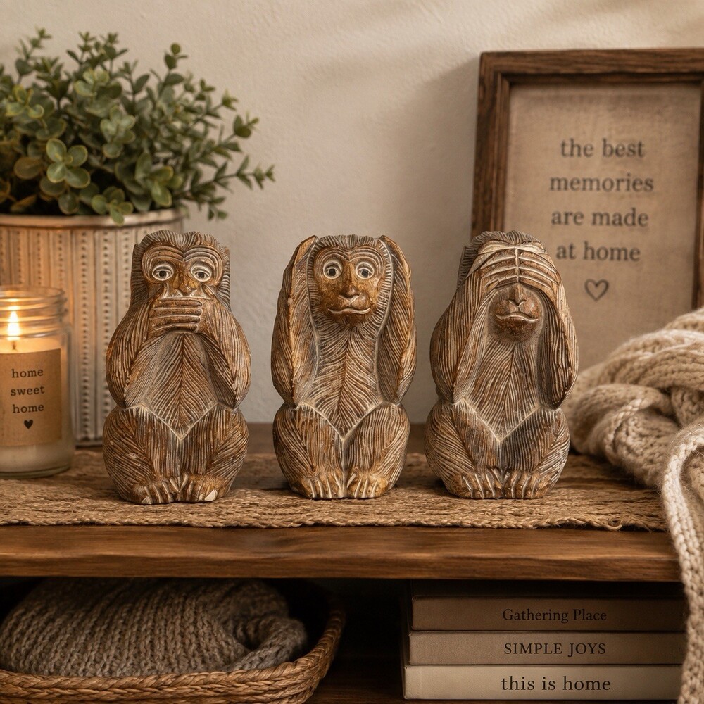 Vtg See Hear Speak No Evil Wise Monkeys Set Of 3 Decor Cast Resin Faux Wood